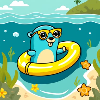 Go Blue Gopher in the sunshine with a blue swimming ring in the sea.