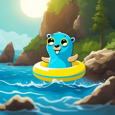 Go Blue Gopher in the sunshine with a blue swimming ring in the sea.