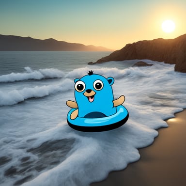 Go Blue Gopher in the sunshine with a blue swimming ring in the sea.