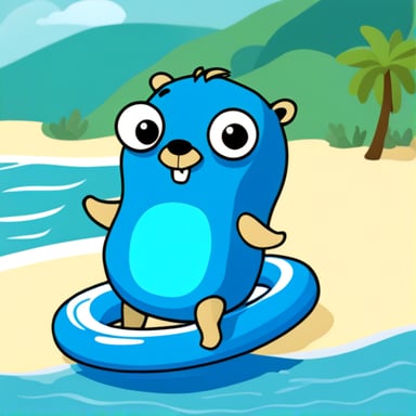 Go Blue Gopher in the sunshine with a blue swimming ring in the sea.