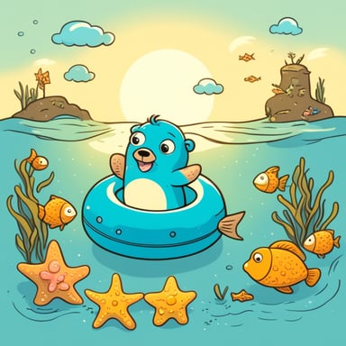 Go Blue Gopher enjoys the sunshine with a swimming ring in the sea, surrounded by fish and starfish.