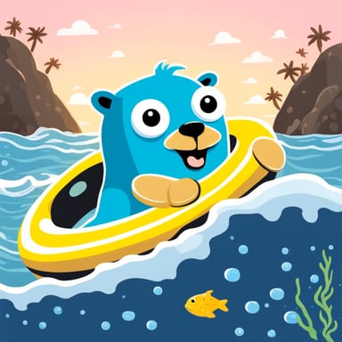 Go Blue Gopher enjoys the sunshine with a swimming ring in the sea, surrounded by fish and starfish.