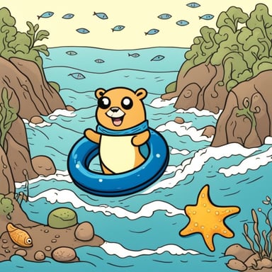 Go Blue Gopher enjoys the sunshine with a swimming ring in the sea, surrounded by fish and starfish.