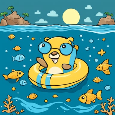 Go Blue Gopher enjoys the sunshine with a swimming ring in the sea, surrounded by fish and starfish.