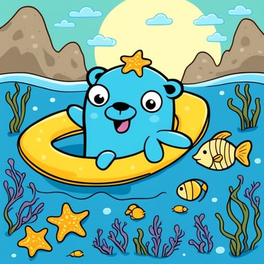 Go Blue Gopher enjoys the sunshine with a swimming ring in the sea, surrounded by starfish, seahorses, and fish.