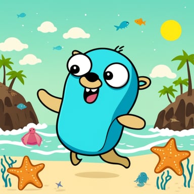 Go Blue Gopher enjoys the sunshine with a swimming ring in the sea, surrounded by starfish, seahorses, and fish.