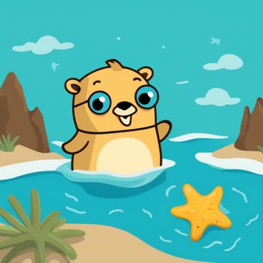 Go Blue Gopher enjoys the sunshine with a swimming ring in the sea, surrounded by starfish, seahorses, and fish.