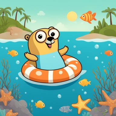 Go Blue Gopher enjoys the sunshine with a swimming ring in the sea, surrounded by starfish, seahorses, and fish.