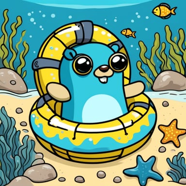 Go Blue Gopher enjoys the sunshine with a swimming ring in the sea, surrounded by starfish, seahorses, and fish.