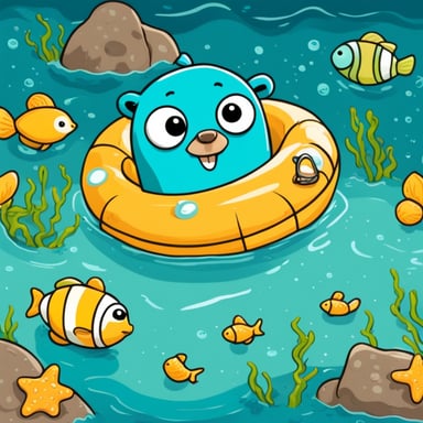 Go Blue Gopher enjoys the sunshine with a swimming ring in the sea, surrounded by starfish, seahorses, and fish.