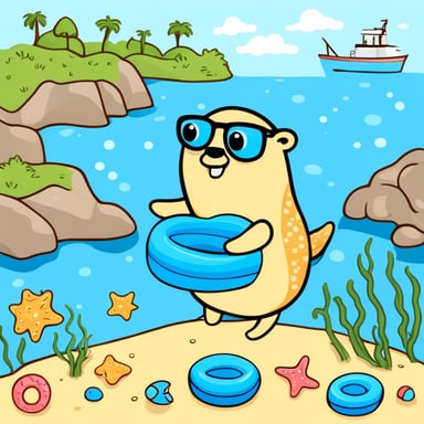 Go Blue Gopher enjoys the sunshine with a swimming ring in the sea, surrounded by starfish, seahorses, and fish.