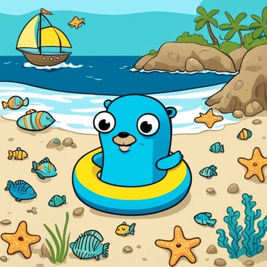 Go Blue Gopher enjoys the sunshine with a swimming ring in the sea, surrounded by starfish, seahorses, and fish.