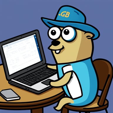 Go Blue Gopher writing program statements with a laptop.