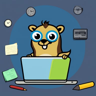 Go Blue Gopher writing program statements with a laptop.
