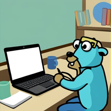 Go Blue Gopher writing program statements with a laptop.