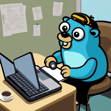 Go Blue Gopher writing program statements with a laptop.