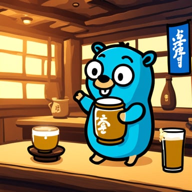 Go Blue Gopher drinking Japanese sake in an izakaya.