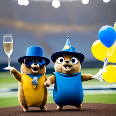 Two Go Blue Gopher mascots cheering with champagne.