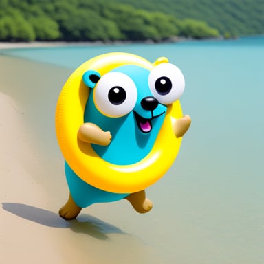 Go Blue Gopher swimming in the sea with a colorful swimming ring enjoying sunshine.