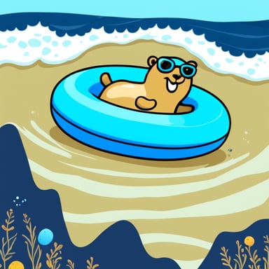 Go Blue Gopher swimming in the sea with a colorful swimming ring enjoying sunshine.