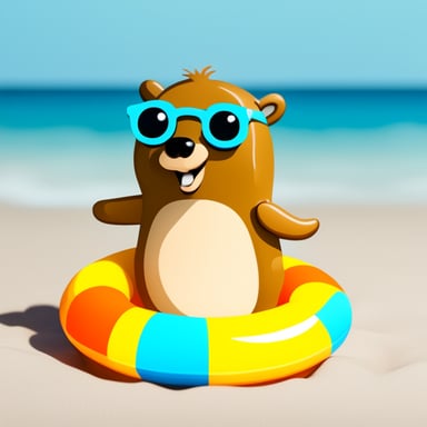 Go Blue Gopher swimming in the sea with a colorful swimming ring enjoying sunshine.