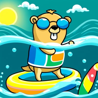 Go Blue Gopher swimming in the sea with a colorful swimming ring enjoying sunshine.