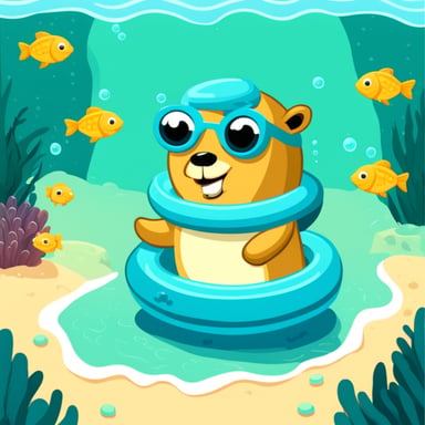 Go Blue Gopher swimming in the sea with a swimming ring surrounded by fish.