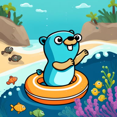 Go Blue Gopher swimming in the sea with a swimming ring surrounded by fish.