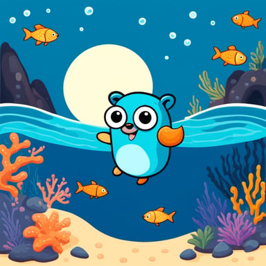 Go Blue Gopher swimming in the sea with a swimming ring surrounded by fish.