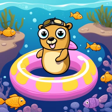 Go Blue Gopher swimming in the sea with a swimming ring surrounded by fish.