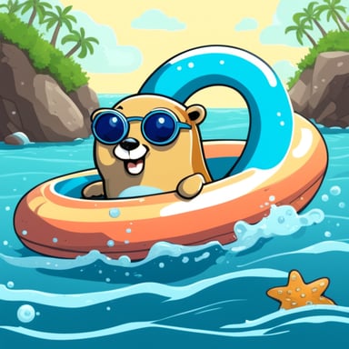 Go Blue Gopher swimming in the sea with a nice swimming ring on a sunny day.