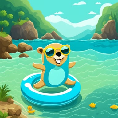 Go Blue Gopher swimming in the sea with a nice swimming ring on a sunny day.