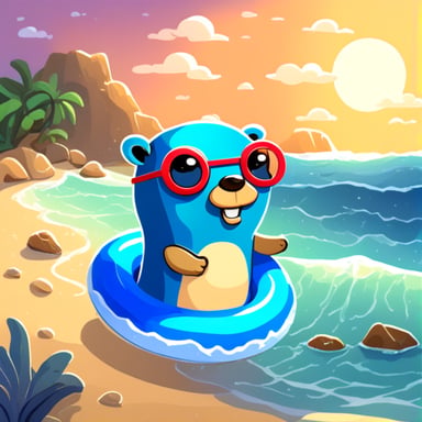Go Blue Gopher swimming in the sea with a nice swimming ring on a sunny day.