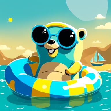 Go Blue Gopher swimming in the sea with a nice swimming ring on a sunny day.