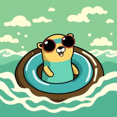 Go Blue Gopher with a swimming ring in the sea, floating peacefully under the sun.