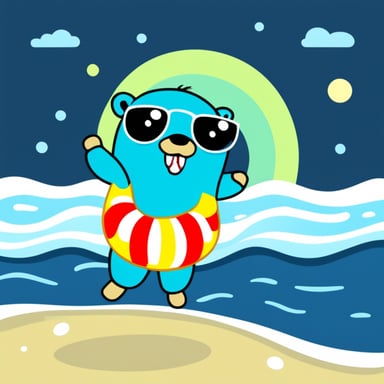 Go Blue Gopher with a swimming ring in the sea, floating peacefully under the sun.