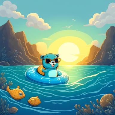 Go Blue Gopher with a swimming ring in the sea, floating peacefully under the sun.