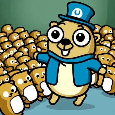 Go Blue Gopher as the happy presenter in front of lots of gophers.