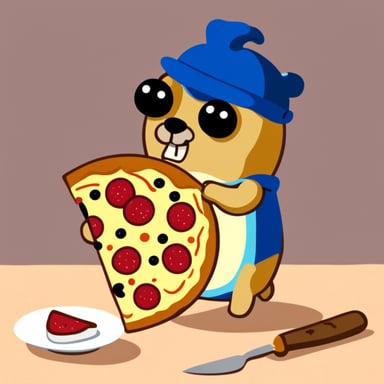 Go Blue Gopher eating a pizza slice.