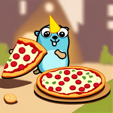 Go Blue Gopher eating a pizza slice.