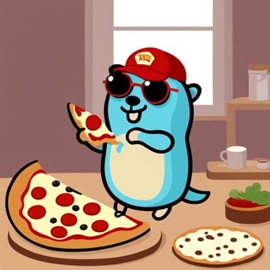 Go Blue Gopher eating a pizza slice.
