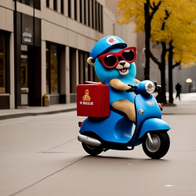 Go Blue Gopher, working as a pizza delivery mascot, riding a scooter.