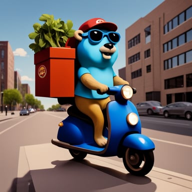 Go Blue Gopher, working as a pizza delivery mascot, riding a scooter.