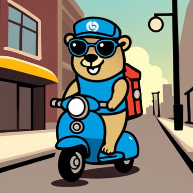 Go Blue Gopher, working as a pizza delivery mascot, riding a scooter.