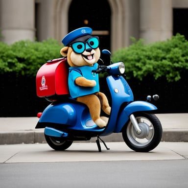 Go Blue Gopher, working as a pizza delivery mascot, riding a scooter.