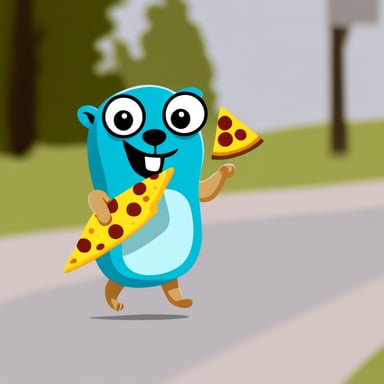 Go Blue Gopher smiling and bringing a pizza slice in his hand.