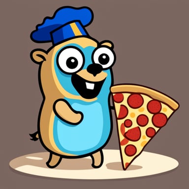 Go Blue Gopher smiling and bringing a pizza slice in his hand.