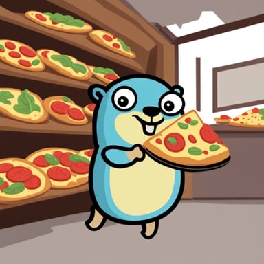 Go Blue Gopher smiling and bringing a pizza slice in his hand.