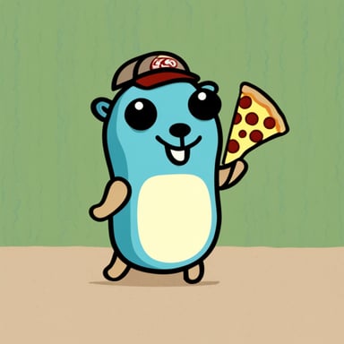 Go Blue Gopher smiling and bringing a pizza slice in his hand.