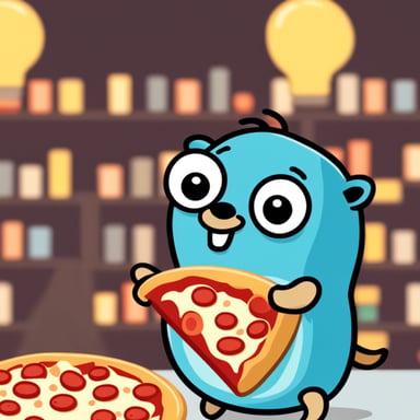 Go Blue Gopher smiling and bringing a pizza slice in his hand.